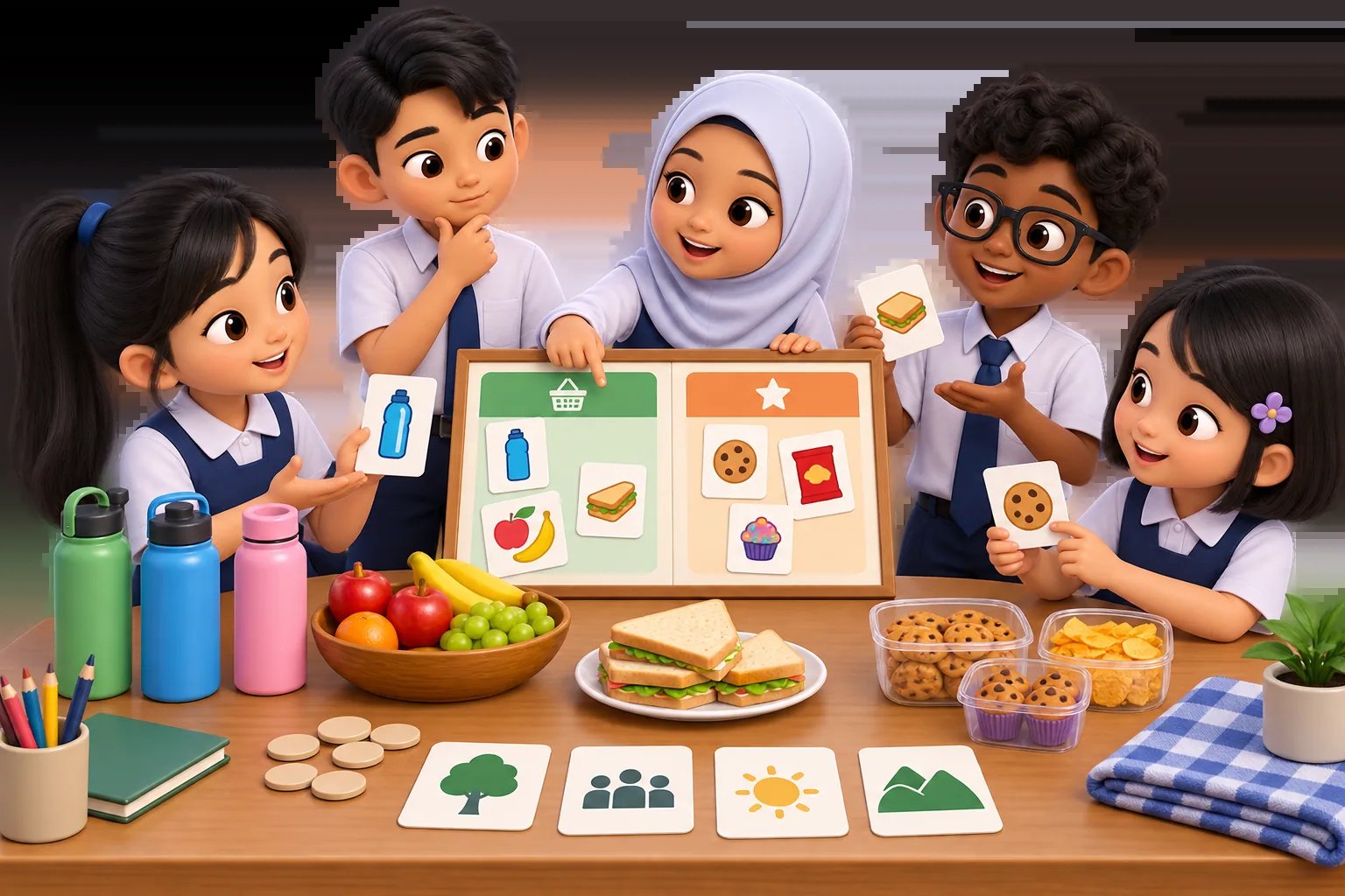 Pupils planning a picnic with sensible amounts of food