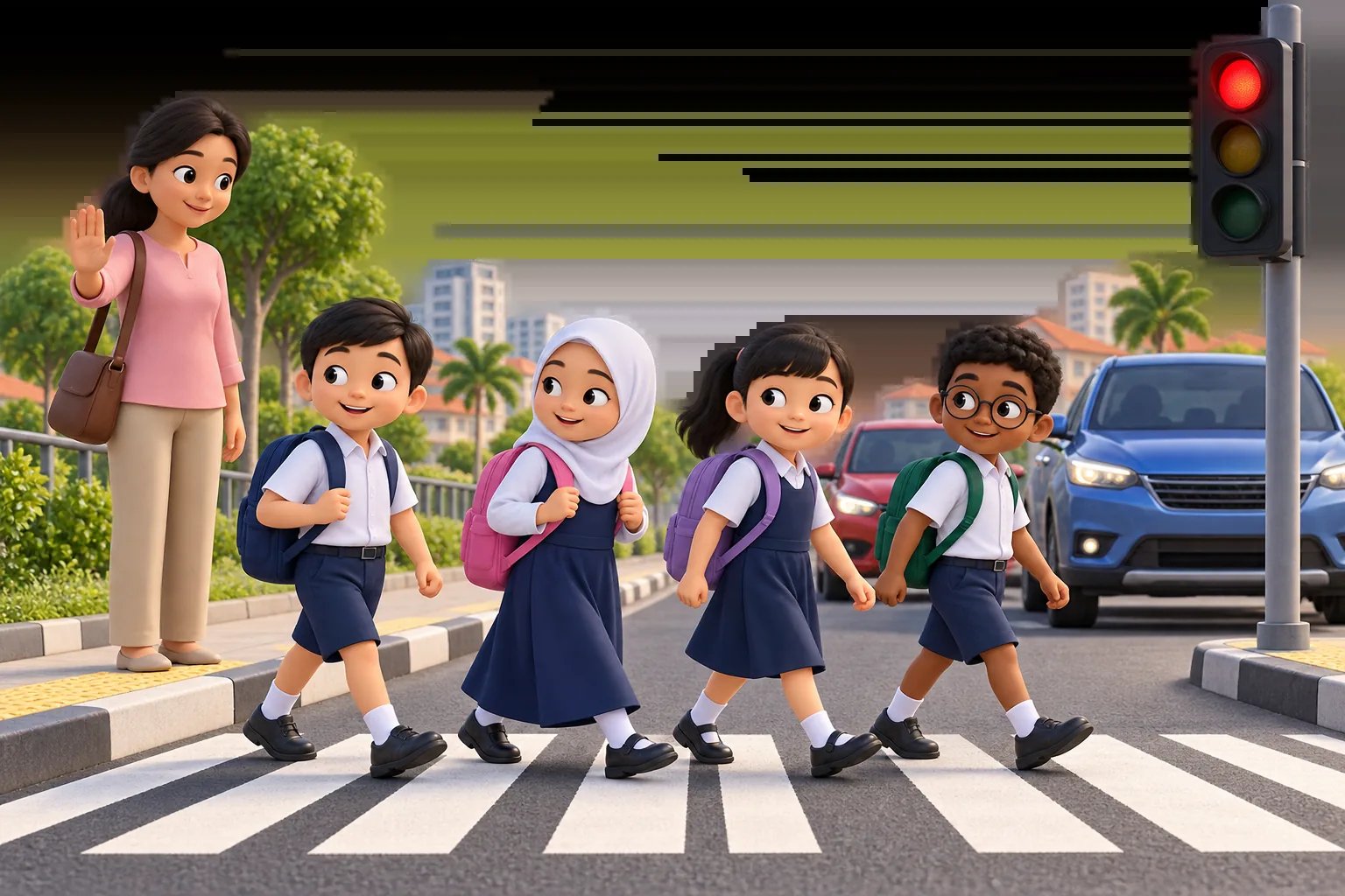 An adult helping pupils cross at the traffic lights