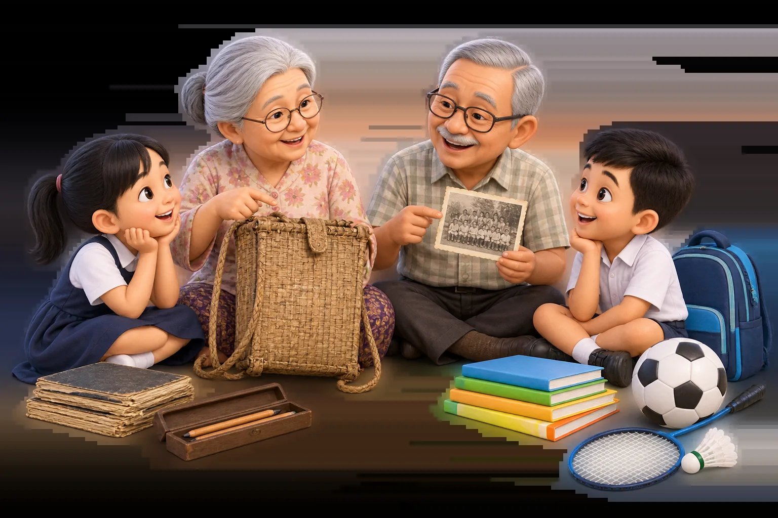 An older person sharing old photos with children