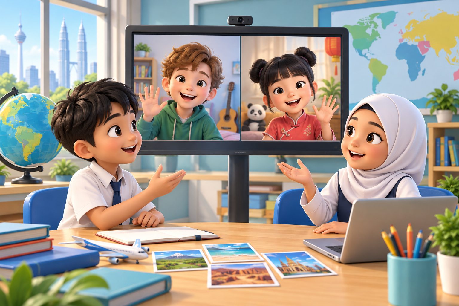 Children from different countries talking on a video call